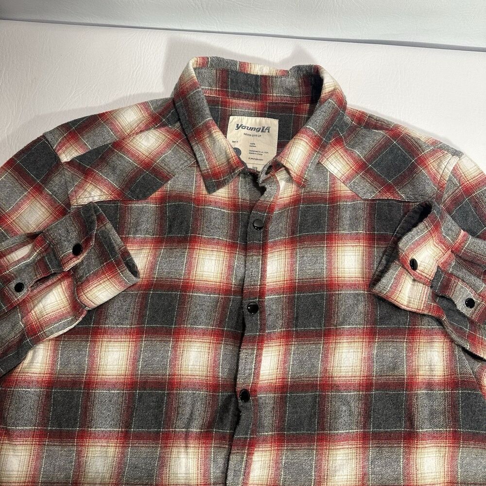 YoungLA Flannel Shirt Mens Large Plaid Snap Button Fray Hem Lightweight